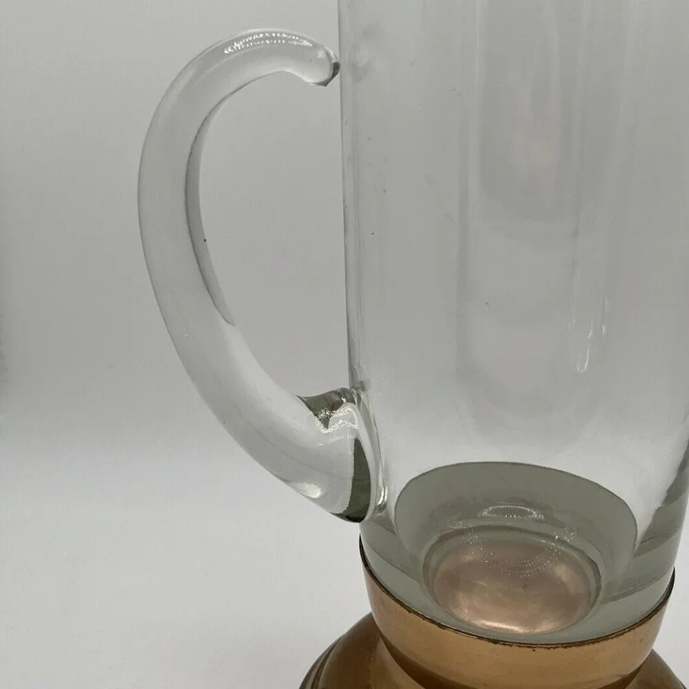 Vintage 60s MCM Glass Pitcher Brass Bottom With 6 Coupe Glasses W/ Gold Trim